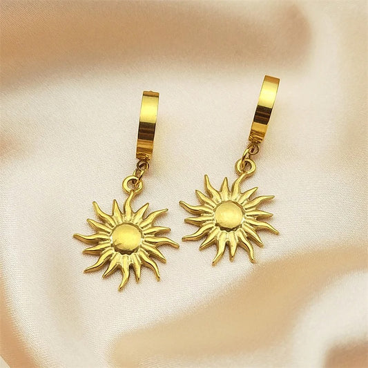 Sun Pendant Hoop Earrings Stainless Steel Gold for Men and Women