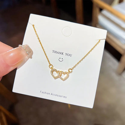 Gold Double Heart Pendant Necklace Stainless Steel Jewelry