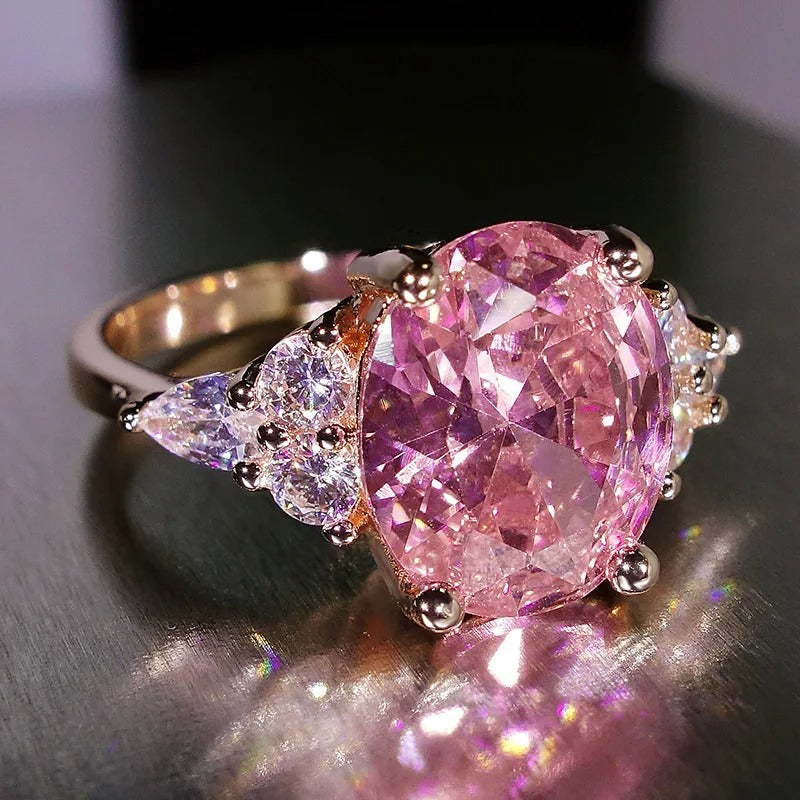 Big Oval Stone Ring Female Shining Crystal Engagement Rings For Women Vintage Rose Gold Silver Color Wedding Jewelry