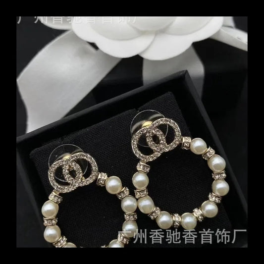 Elegant Double Diamond Pearl Earrings Chic Round Design Earrings for Women with Timeless Style