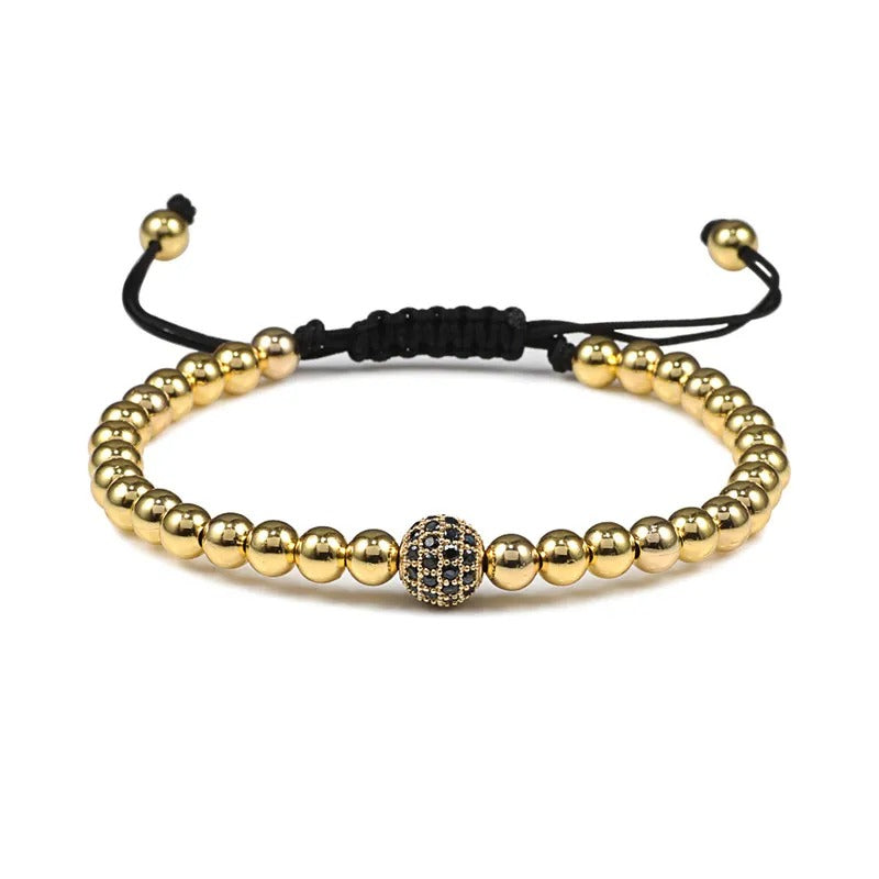 Gold Micro Pave CZ Ball Braided Bracelet Adjustable Women Jewelry