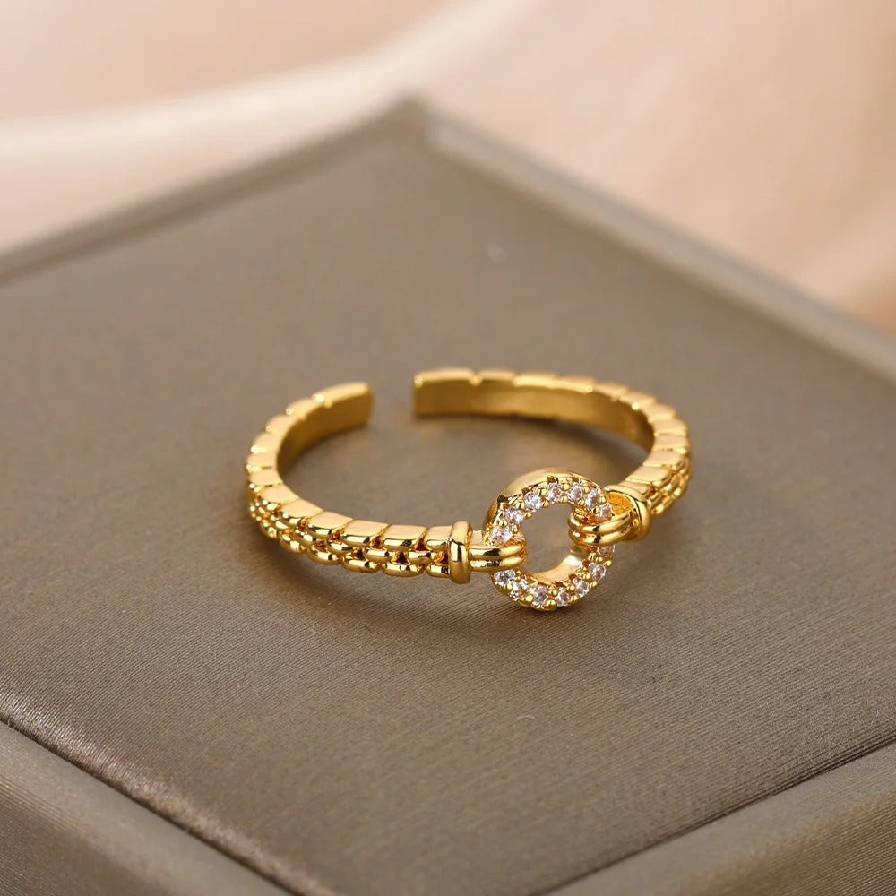 Zircon Round Rings For Women Punk Rock Chain Round Open Adjusted Stainless Steel Ring Accessories Jewelry Gift