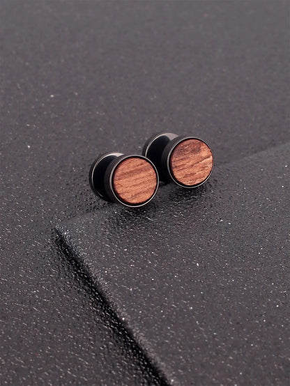 2Pc Men Wooden Round Stud Earrings Stainless Steel Punk Hip Hop Jewelry