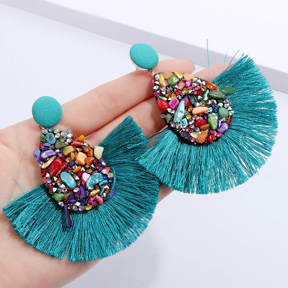 Gold Dangle Earrings with White, Red & Green Stones for Women