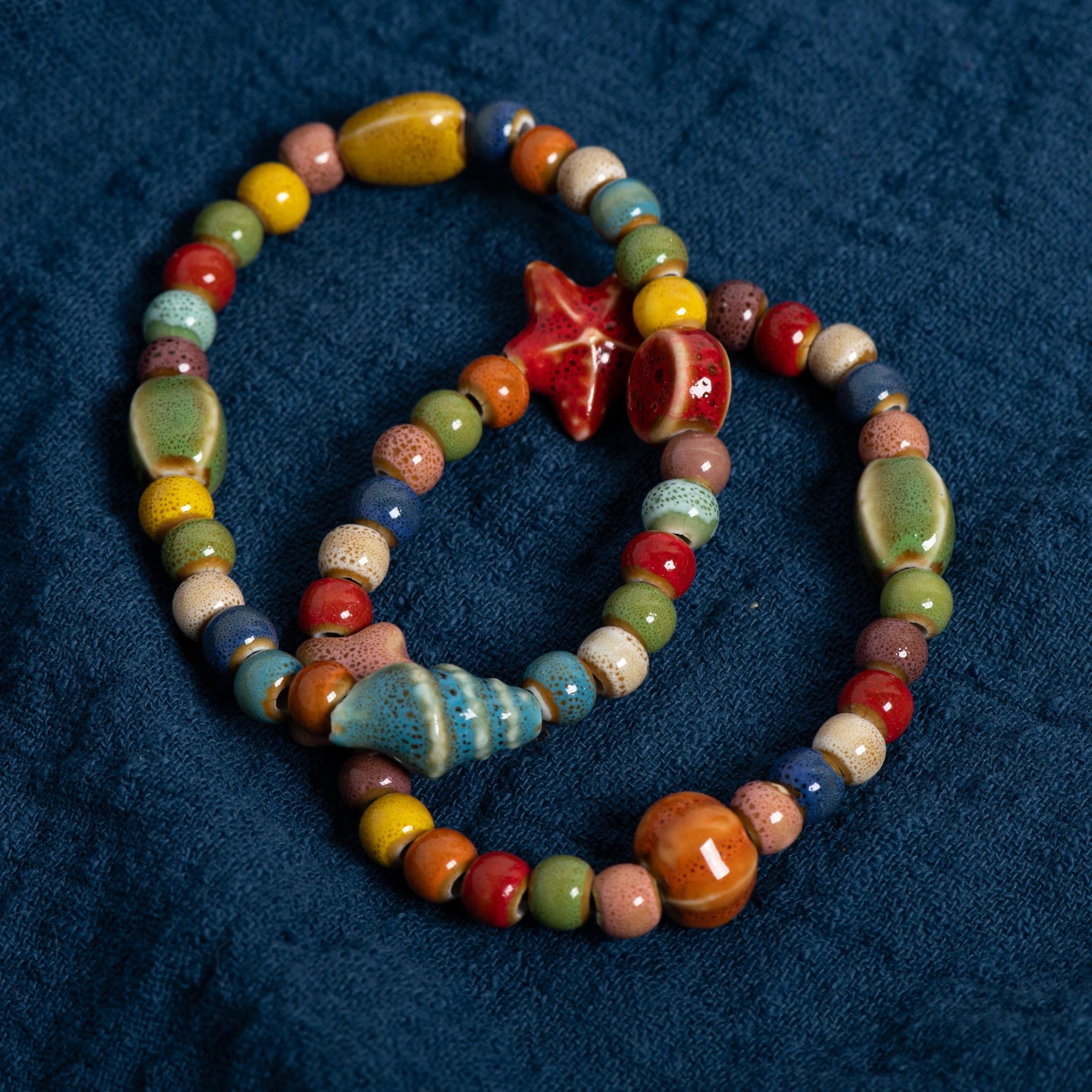 Handmade Colorful Starfish & Seashell Ceramic Beaded Bracelet Boho Beach Jewelry Elastic Wristband for Women