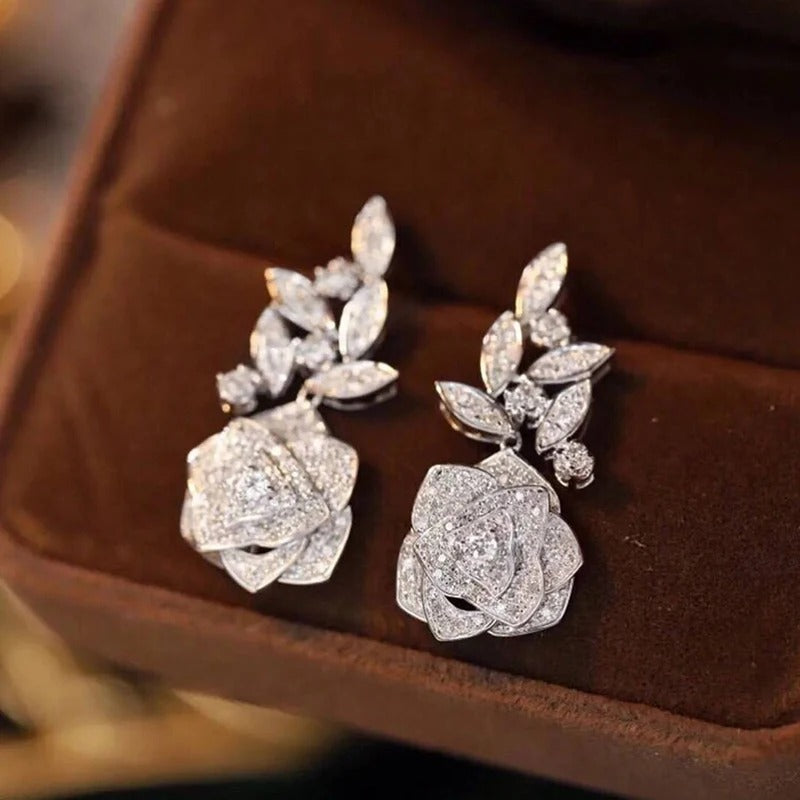 Romantic Flower Dangle Earrings Women Silver Luxury Wedding Jewelry
