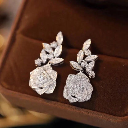 Romantic Flower Dangle Earrings Women Silver Luxury Wedding Jewelry