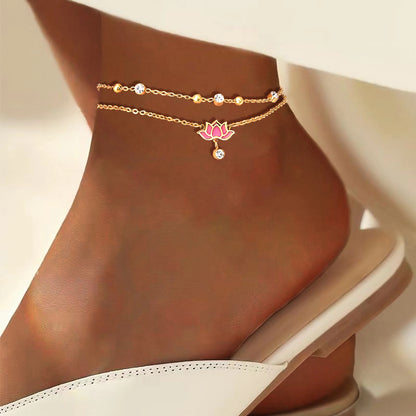 Multi-Layer Zirconia Chain Anklet White & Pink Lotus Jewelry for Women