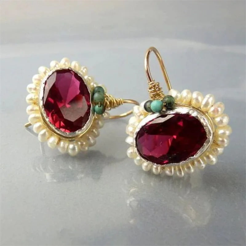 Oval Red Stone Earrings for Women Gold Metal Pearl Dangle Jewelry