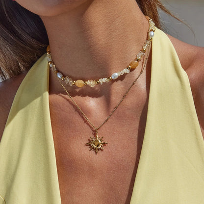 Women's Vacation Natural Stone Glass Pearl Beaded Necklace 18K Gold Plated Stainless Steel Sun Pendant Double Necklace