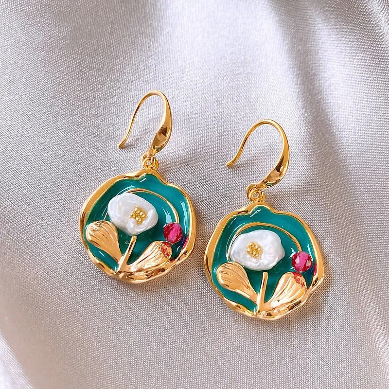 Women’s Vintage Oil Painting Flower Earrings Pearl Drop Jewelry