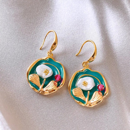 Women’s Vintage Oil Painting Flower Earrings Pearl Drop Jewelry