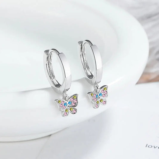 925 Sterling Silver Butterfly Color Zircon Stud Earrings