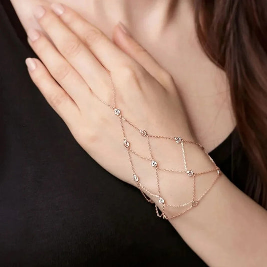 Round Rhinestone Mesh Slave Bracelet Hand Accessories Women 2025 Summer Beach Finger Chain Bracelet