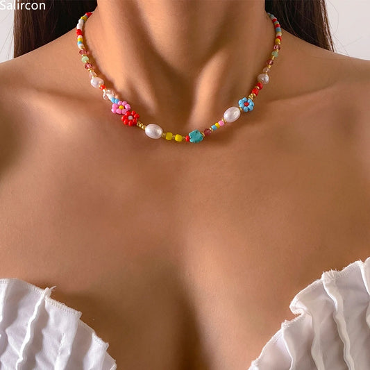 Pearls Cute Flowers Colorful Hand-woven Beaded Short Chain Choker Necklace For Women Girls Jewelry