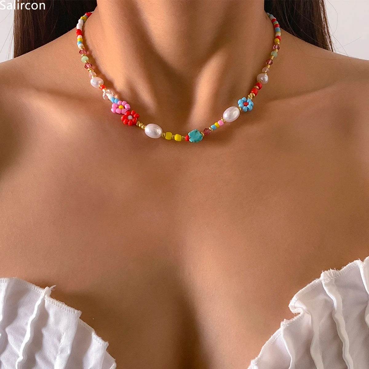Pearls Cute Flowers Colorful Hand-woven Beaded Short Chain Choker Necklace For Women Girls Jewelry