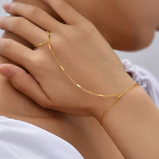 Gold Chain Hand Harness Bracelet with Finger Rings for Women