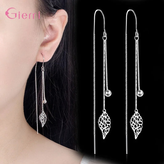 925 Sterling Silver Hollow Leaf Tassel Long Chain Thread Earrings for Women Elegant Simple Fashion Jewelry