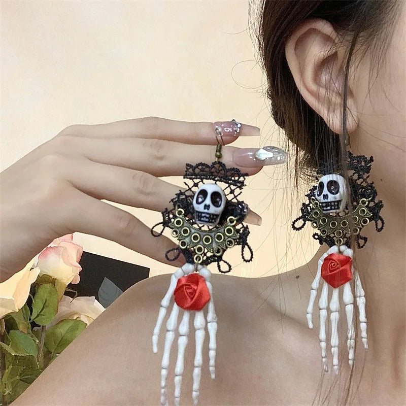 2Pcs Striking Rose Skull Hand Skull Geometric Personalities Lace Gothic Alloy Multicolor Dangle Earrings Women Party Prom Gift