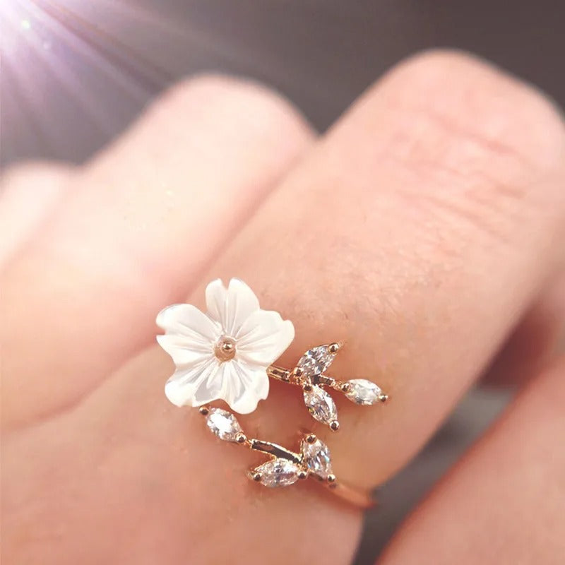 Rose Gold Leaf Shell Flower Ring Adjustable Jewelry for Women