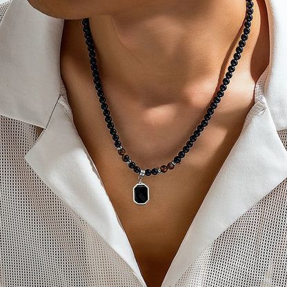 Salircon Simple Black Tiger Stone Beaded Clavicle Necklace Punk Geometric Stainless Steel Pendant Choker For Men Casual Jewelry