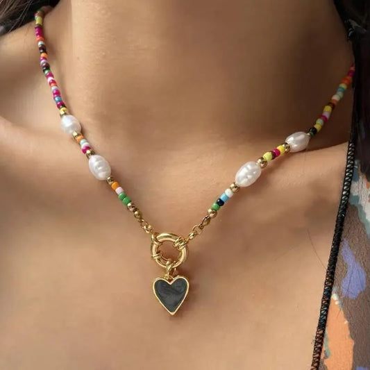 Colorful Beads Chain Fashion Necklaces White Heart Pendant Jewelry For Women Valentine's Accessories