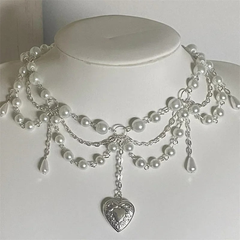 Pearl Heart Locket Style Layered Necklace Handmade Y2K Necklace Perfect For Weddings Prom or Victorian/Regency Cosplay Jewelry