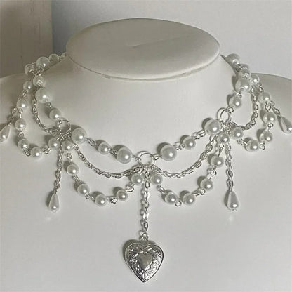 Pearl Heart Locket Style Layered Necklace Handmade Y2K Necklace Perfect For Weddings Prom or Victorian/Regency Cosplay Jewelry
