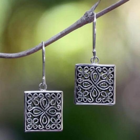 Ethnic Silver Square Earrings Vintage Hollow Dangle Jewelry Women