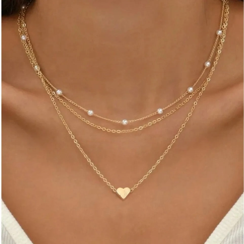14K Gold Pearl Necklace Set Love Heart Pendant Hypoallergenic Jewelry