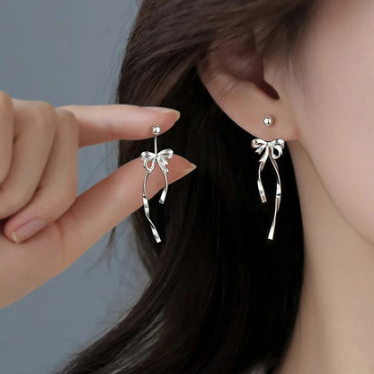 925 Silver Ribbon Bow Screw Earrings Women Long Fringe Jewelry