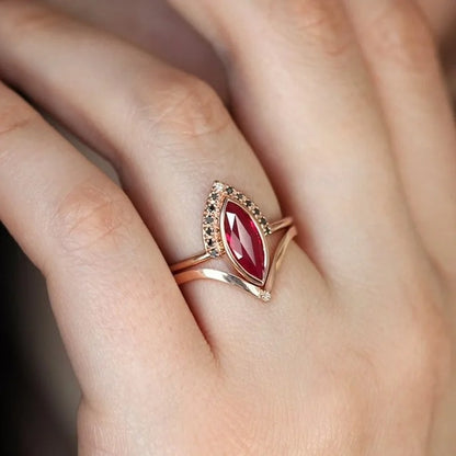 Rose Gold Color Wedding Rings with Rhombus Red CZ Stones for Women, Classic Metal Wedding Ring Set Jewelry