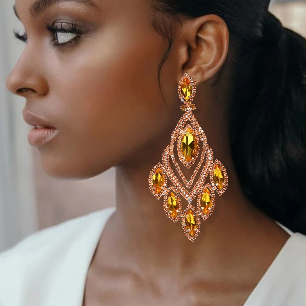 Large Orange Rhinestone Drop Earrings Women Luxury Jewelry