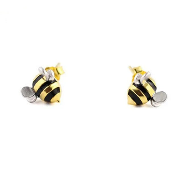 Gold Color Bees Stud Earrings For Women Fashion Girl Gift 925 Sterling Silver Jewelry allergy