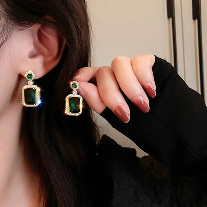 Green Square Crystal Dangle Earrings Women Korean Fashion Jewelry