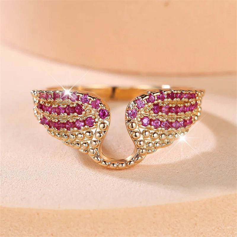 Rose Red CZ Angel Wings Ring Gold & Silver Women’s Jewelry