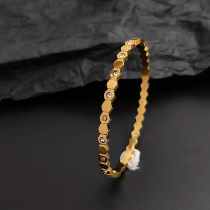 New Gold Plated Stainless Steel Zircon Hexagon Bracelet for Women, Wedding Party Jewelry