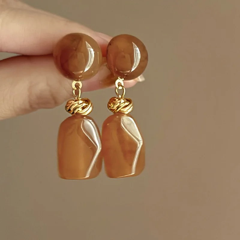 Geometric Water Drop Resin Dangle Earrings for Women  Retro Brown