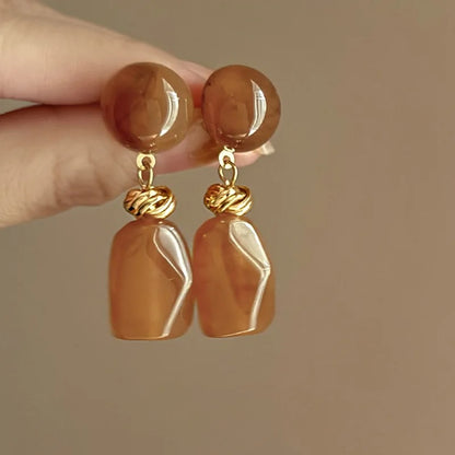 Geometric Water Drop Resin Dangle Earrings for Women  Retro Brown