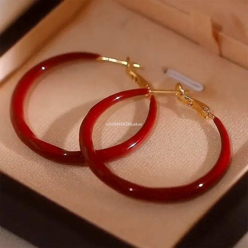 Statement Red Hoop Earrings Women Large Smooth Circle Earrings