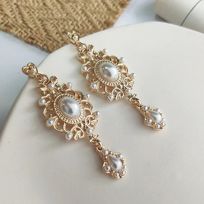 Vintage Palace Golden Pearl Hanging Earrings For Women Wedding Fine Drop Earrings Female Elegant Jewelry Gift