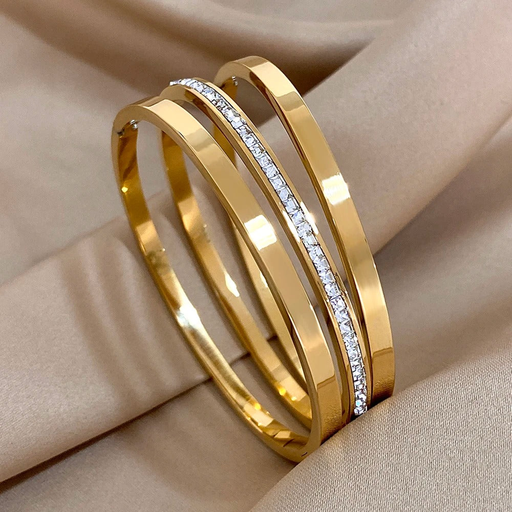 3pcs Simple Gold Plated Texture Inlaid Crystal Cuff Bracelets for Women Unique Stainless Steel Chic Stackable Jewelry Bracelets