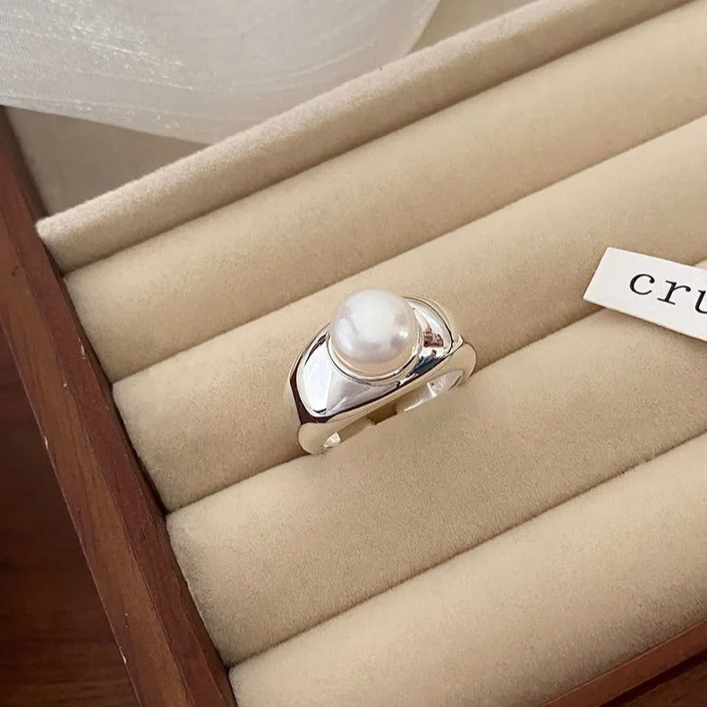 925 Sterling Silver Pearl Adjustable Ring for Women Wedding Engagement Jewelry