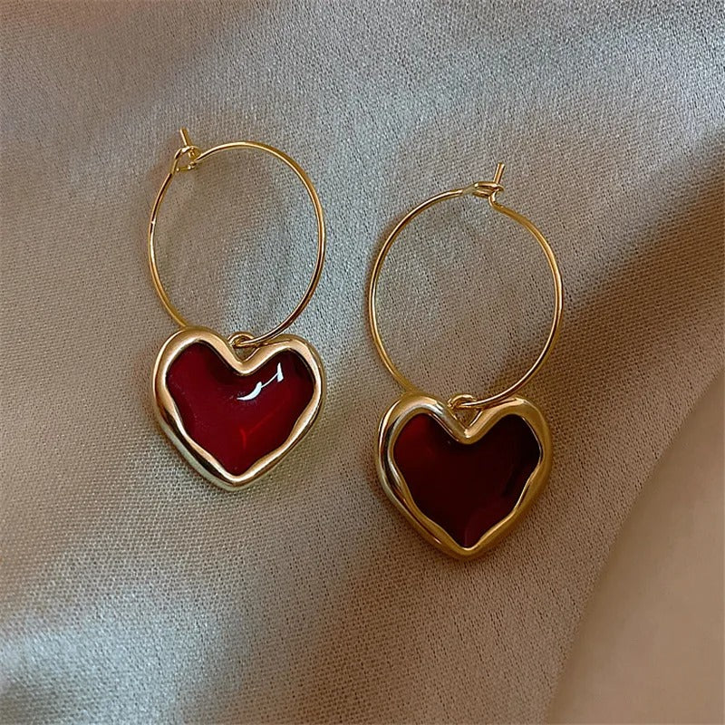 Red Love Heart Earrings for Women Gold Color Metal Love Heart Hanging Dangle Earring Women's Jewelry Gifts