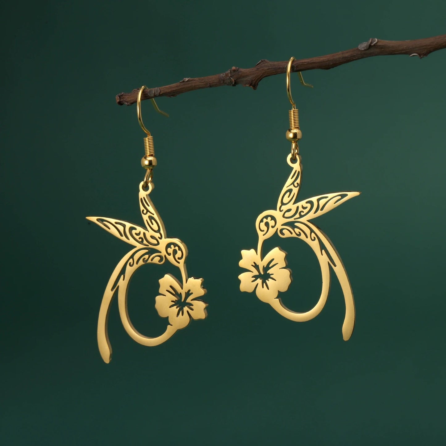 Women’s Hummingbird Flower Pendant Earrings Gold Animal Jewelry Gift