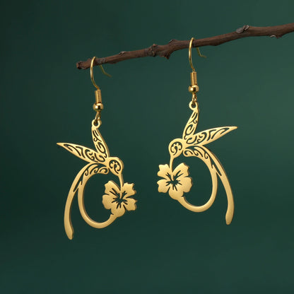 Women’s Hummingbird Flower Pendant Earrings Gold Animal Jewelry Gift
