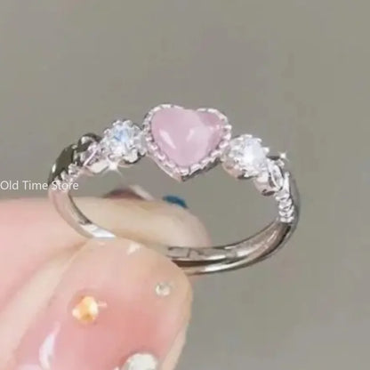 Pink Heart Crystal Ring Women Kpop Love Zircon Jewelry