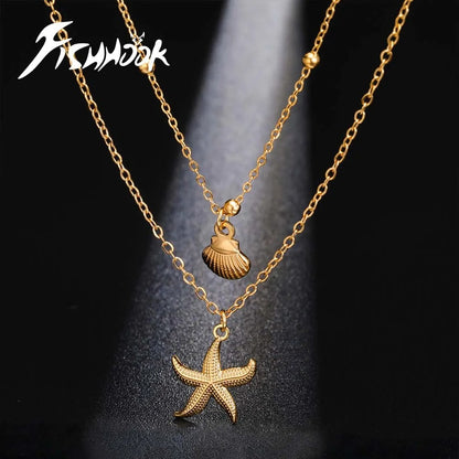 Layered Gold Chain Necklace Starfish Seashell Ocean Design