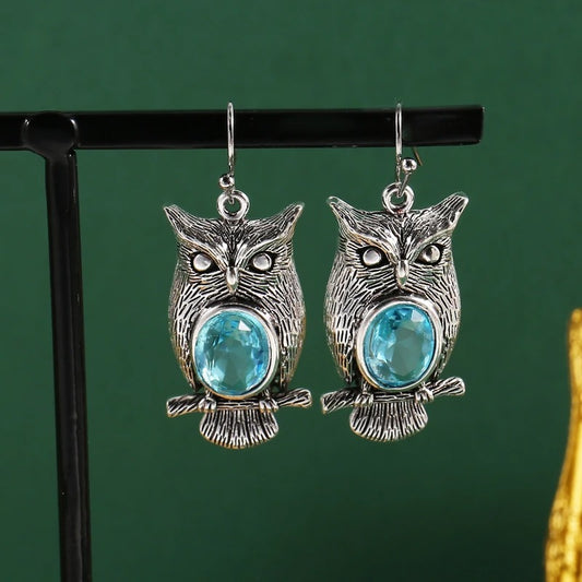 Creative Owl Design Earrings Antique Silver Blue Crystal Women