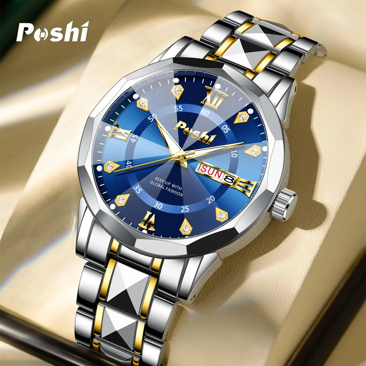 Men’s Date & Week Quartz Watch POSHI Luminous Waterproof Watch